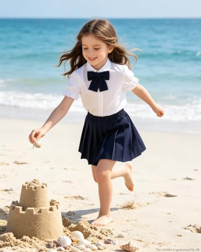 Image of Betusline Girls Skirt Set JK School Uniform 2-Piece Outfit - Short Sleeve Shirt with Bow & Pleated Skirt 4T-14Y