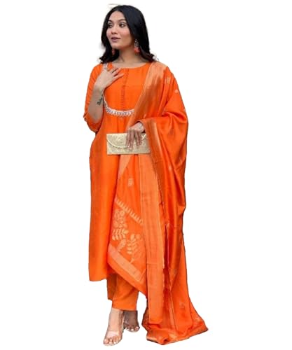 Image of Yashika Women's Silk Blend Jacquard Kurta and Pant with Dupatta Set and Khatali Work Suitable For Every Indian Occasion