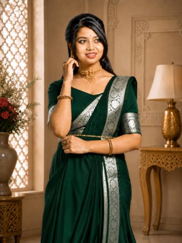 Image of Women's Glory Banarasi Satin Silk Saree Plain Silver Zari | Unstiched Blouse Piece Included.