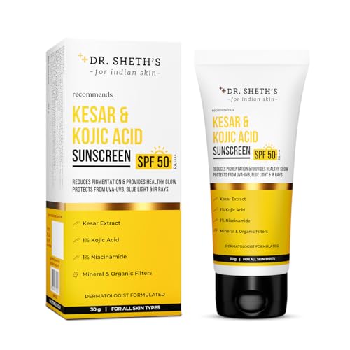 Image of Dr. Sheth's Kesar & Kojic Acid Sunscreen SPF 50+ Pa++++ |In-Vivo Tested | For Pigmentation-Free Skin | Lightweight & Non Greasy | For UVA /UVB & Blue Light & IR Protection | No White Cast | For All Skin Types | For Men & Women | 30 g
