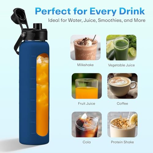 Image of Rioware Motivational Borosilicate Glass Water Bottle 1 Litre with Silicone Sleeve | Time Markings, Airtight, Leak-Proof BPA-Free Bottle For Fridge, Gym, Travel, Office & Home (BLUE PO2)