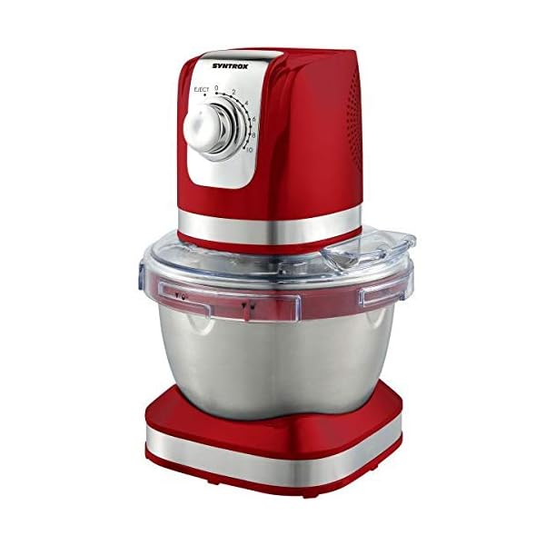 Syntrox Germany KM-600W Küchenmaschine Knetmaschine Mixer, Edelstahl-Behälter, 4 Liter, rot