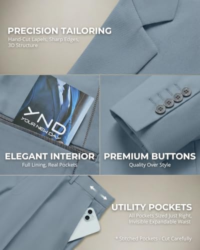 Image of YND Men's 3 Piece Suit with Tie, Solid Color Slim Fit Jacket Vest and Pants