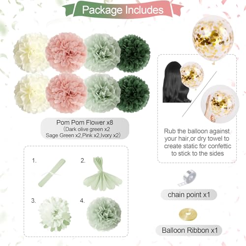 Image of Pink and Sage Green Birthday Party Decorations,Green Pink and Sand White Balloons Happy Birthday Banner star garland Fringe Curtains Birthday Background Pom Poms Decor for Girls Baby Women