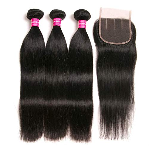RUI MEI SI Brazilian Straight Hair With Closure 3 Bundles Unprocessed Virgin Human Hair Bundles With Lace Closure Three Part Hair Extensions Natural Color (20 22 24+18)