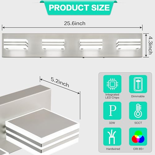 Image of SOLFART Bathroom Vanity Light Over Mirror - 4 Light Led Vanity Light Fixture 26inch Matt Lights for Medicine Cabinet 5CCT Dimmable