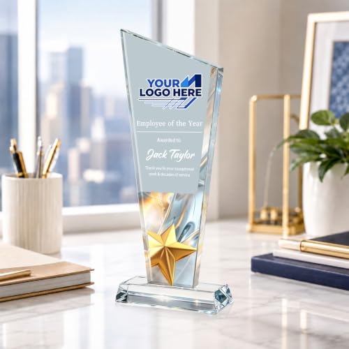 Image of Custom Crystal Trophy Award Personalized Plaque Award with Text Logo Photo Awards Trophies for Employee Recognition Team Graduation Personalized Office Gifts for Boss Coworker Teacher