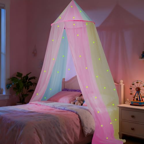 SYHITOU Rainbow Bed Canopy for Girls with Glowing Stars, Colorful Princess Canopy Bed Curtains for Twin, Full, and Queen Sizes,Mosquito Netting for...
