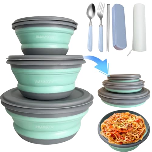 RMAMSCOV Camping Bowl, 3 PCS Food Grade Silicone Collapsible Bowl Lunch Box Salad Bowl with Lid, Expandable Food Storage Containers Set with Free folding tableware and storage bag (Blue)