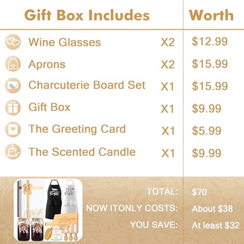 12 Pcs Wedding Gifts for Couples Mr Right Mrs Always Right Glass Cups Aprons Charcuterie Board Candle Butter Knife Box for Bridal Shower Engagement Anniversary Newlywed Bride His and Her - Image 3