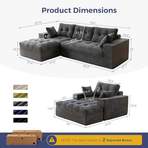 Image of MAXYOYO Sectional Sofa Couch and Chaise Lounge, L Shaped Modern Cloud Couch with Ottoman, Comfy Sofa with Layered Cushion, Tufted Upholstered Sleeper Chair for Living Room, No Assembly Required, Grey