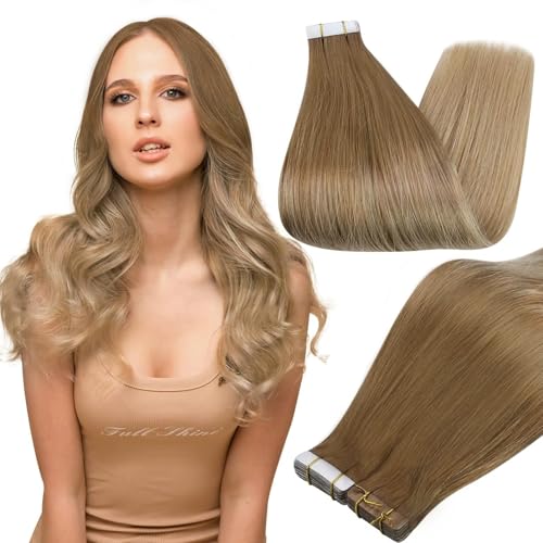 Image of Full Shine 16Inch Tape in Hair Extensions Seamless Straight Tape in Extensions Ombre Human Hair Extensions 50G 20Pcs Color 10 Golden Brown to 14 Dark Blonde Real Remy Human Hair Extension for Wedding