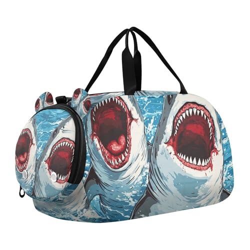 Glaphy Shark Heads Duffle Bag for Toddler Boys Girls, Gym Sports Bag with Shoe Compartments, Kids Travel Overnight Weekender Shoulder Bag
