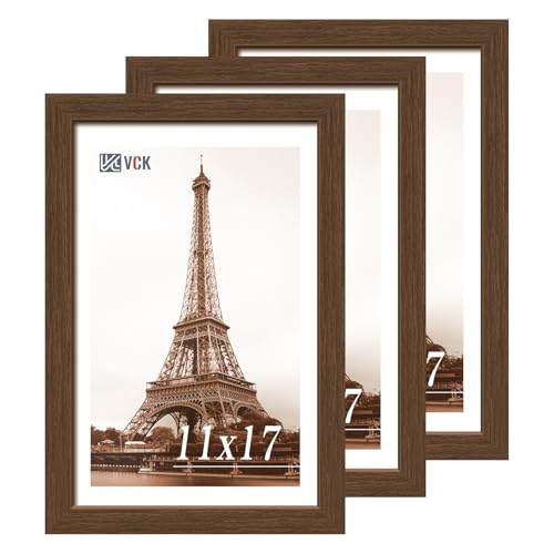 Image of VCK 11x17 Picture Frame Set of 3, Brown Wood Frames, Gallery Wall Decor Photo Frames for Wall Mounting Horizontally or Vertically