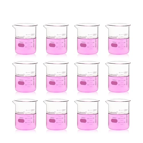 12pcs 150ml Upgrated Thick Glass Beakers, Griffin Low Form Beaker Set with Double Scale, 3.3 Boro, LVA007
