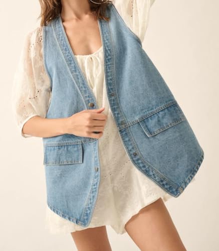 Women Western Baggy Denim Vest Button Down Sleeveless Back Slit Distressed Jean Jacket Vintage Long Denim Vest2