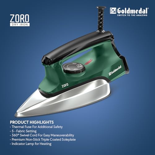 Image of Goldmedal Zoro 1100W Dry Iron| Non-stick Premium Triple Coated Soleplate| 5 Fabric Setting|1.8 Meter Cord|360 Swivel Cord| Indicator Lamp for Heating| 2.5 Years Warranty| Light Weight (Green)