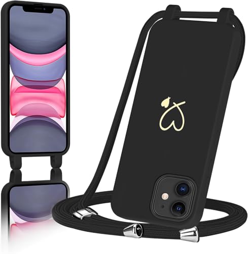 AoozeFon für iPhone 11 Hülle mit Band Handyhülle iPhone 11 mit Kordel zum Herz Schutzhülle Handyband mit Umhängen Abnehmbare Weich TPU Liquid Silikon BumperSchwarz