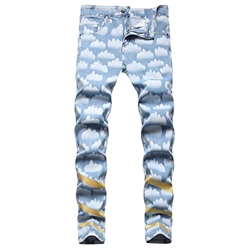 Maiyifu-GJ Men's Stretch Printed Hip Hop Jeans Tie Dye Slim Fit Straight Leg Denim Pants Skinny Washed Jean Trousers (Light Blue,28)