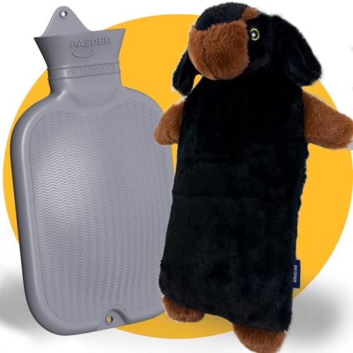 XXL Wärmflasche Groß 3 5 Liter mit Bezug - Nahtlose Ausführung - Dackel Hund Weiches Fleece Wärmflaschenbezug - Wärmeflasche XL für Babys Kinder und Erwachsene - Geschenk für Frauen Freundin