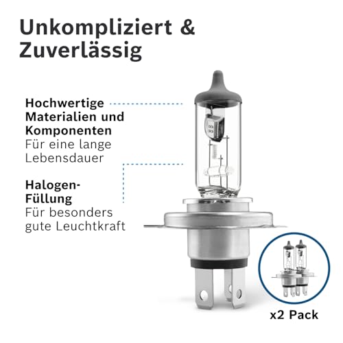 Bosch H4 Pure Light Halogen-Glühlampe für Auto-Scheinwerfer, 12 V 60/55 W, in Originalqualität - Lampensockel Typ P43t - 2er-Pack Ersatz-Scheinwerferlampen