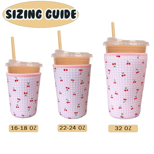 Image of Reusable Insulated Neoprene Iced Coffee Cup Sleeve, Durable Drink Sleeve for Cold Beverages, Beverage Holder for Iced Coffee, Pink Cherry