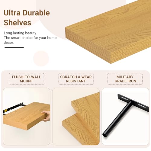 Image of 36 Inch Floating Shelves, 12 Inch Deep Floating Shelves for Wall, Extra Deeper & Thicker Wooden Wall Shelf with Invisible Brackets, Shelf for Bedroom Home Decor(Oak, Set of 2)