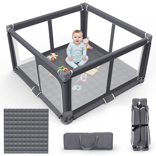 Image of Foldable Baby Playpen with Mat, 50"x50" Safety Play Yard for Babies & Toddlers - Indoor & Outdoor Use with Carry Bag - Collapsible, Portable Play Yard, Dark Gray