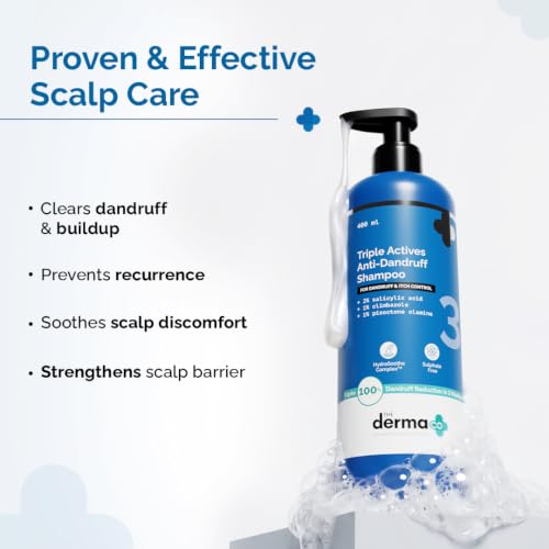 Image of The Derma Co Triple Actives Anti-Dandruff Shampoo | Up To 100%* Dandruff Reduction | 2% Salicylic Acid + 1% Climbazole + 1% Piroctone Olamine & Menthol | ZPTO-Free | pH 5.5, Non-Drying & Sulphate-Free formula | Suitable for Men & Women | 400 ml