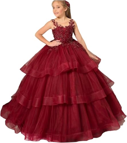 Girls Flower Girl Dress for Wedding Tiered Princess Pageant Dresses Lace Applique Kids Birthday Party Prom Ball Gown