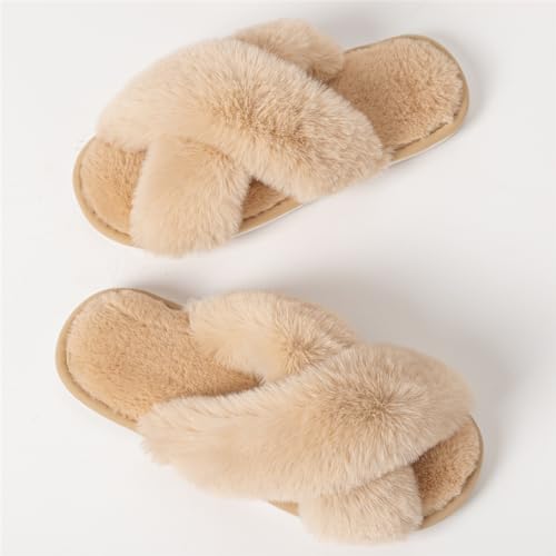 Image of Women's Cross Band Fuzzy Slippers Fluffy Open Toe House Slippers