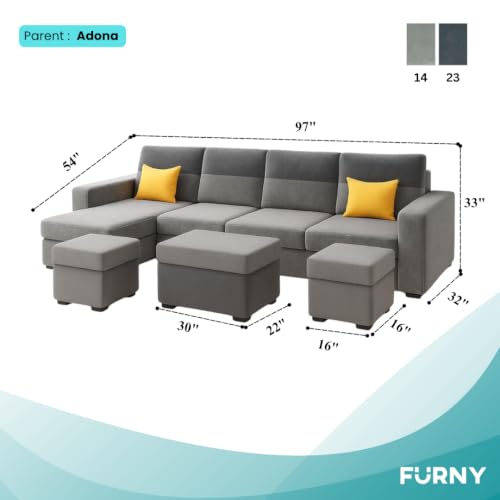Image of FURNY Premium Christino 8 Seater Fabric LHS L Shape Sofa Set with 2 Ottoman + 1 Centre Table Ottoman for Living Room | with Velvet Fabric in Dark Grey & Light Grey