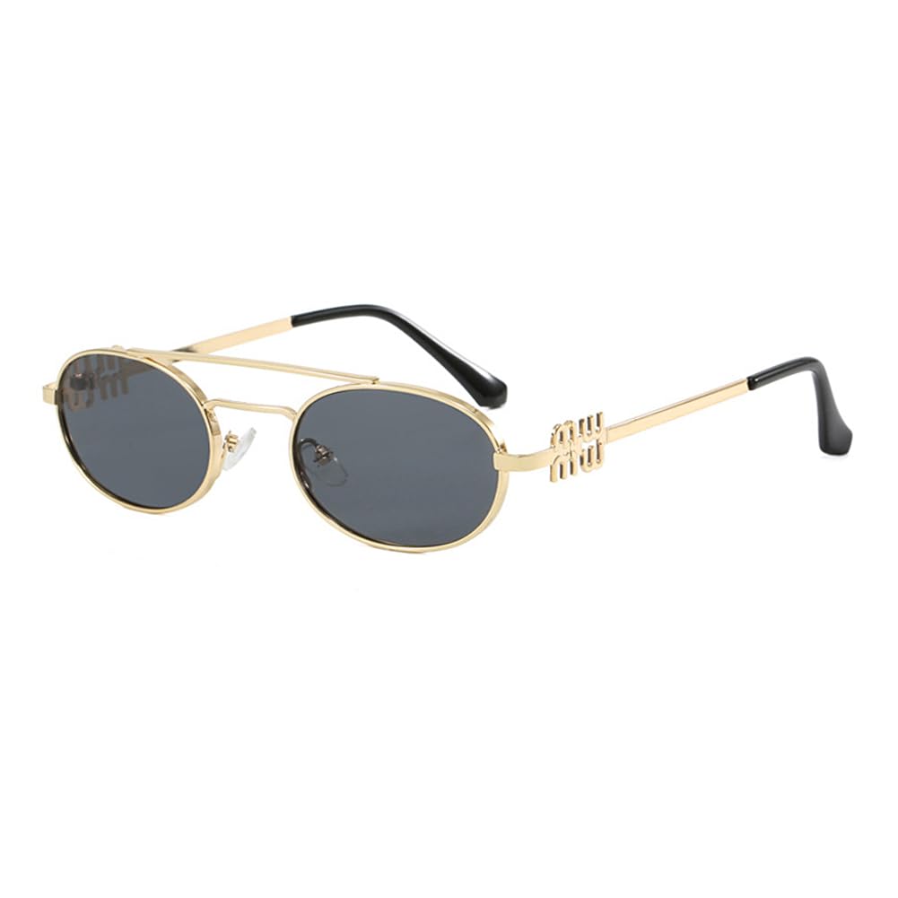 hermaner Oval Sunglasses Womens UV400 Protection Double Bridge Gold Metal Frame Personality Temples Ladies Sun Glasses Retro Sunnies Outdoor Street Travel