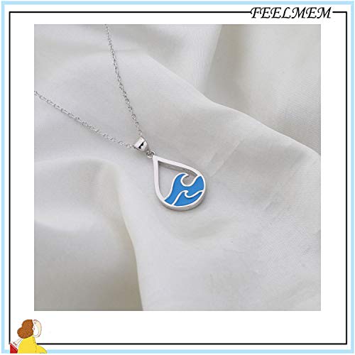 FEELMEM Ocean Wave Necklace Blue Wave Ocean Beach Sea Drop Shape Pendant Necklace Surfer Wave Jewelry Beach Lover Gift3