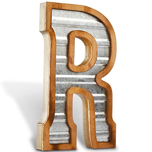 Tavenly 14' Galvanized Farmhouse Letters for Home Decor - 3D Large Metal Letter with Wooden Border - Rustic Monogram Signs for Living Room, Kitchen, Wood Farmhouse Decor, Decorative Wall Art - R