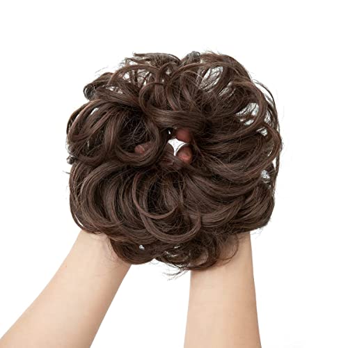 PORSMEER 2 Pack Messy Hair Buns Extensions Curly Wavy Synthetic Donut Updo Hair Pieces Easy Scrunchies Medium Brown - Image 3