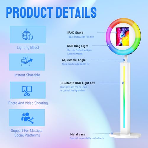 Image of Portable Photo Booth Compatible with Any Ipad, 2 Months ChackTok PhotoBooth VIP Member,RGB Music Sync, Software APP,Remote Control, Ring Light,Selfie Photo Booth with Flight Case White