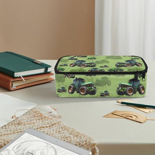 Image of Green Tractor Print Pencil Case for Kids Large Pencil Pouch for Elementary Boys Lightweight Portable Pen Bag with Mesh Pocket for School