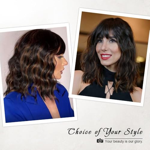 Image of AISI HAIR Wavy Bob Wigs with Bangs for Women Black Mixed Brown Color Short Wavy Bob Curly Wig Synthetic Natural Looking Heat Resistant Fiber Hair for Women