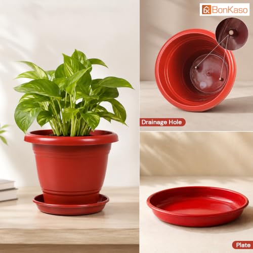 Image of Bonkaso 8 Inch Plant Pots with Drainage Plate (Set of 12, Red) | Heavy Duty Plastic Flower Pots for Indoor & Outdoor Plants | UV Resistant Garden Pots for Balcony, Terrace, Home & Nursery