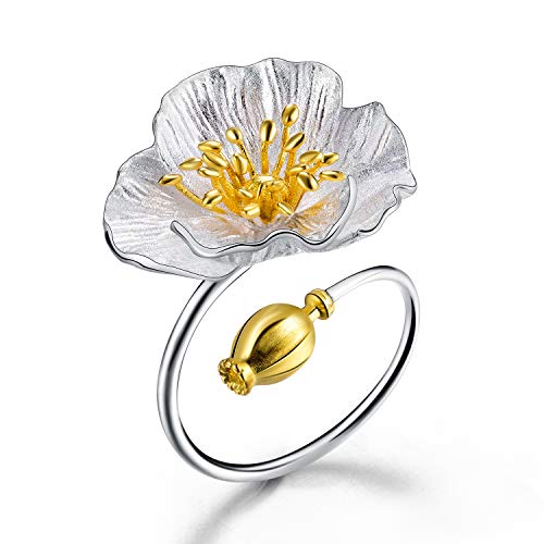 Preisvergleich Produktbild Lotus Fun S925 Sterling Silber Ring Blühende Mohnblume Ringe Natürlicher Handgemachter Einzigartiger Schmuck für Frauen und Mädchen