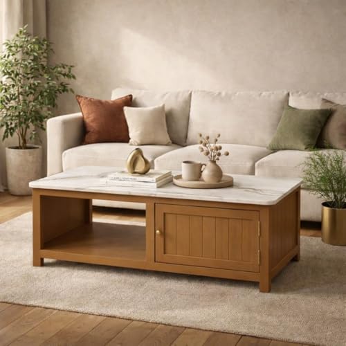 Image of Solid Wood Center Table Premium Sintered Stone Coffee Table for Living Room Wooden Centre Table Premium Acrylic Terracotta Brown 110 x 60 x 40 cm