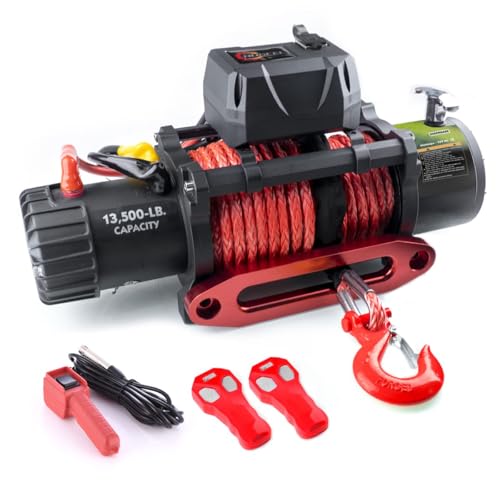 Rock-Hulk 13500 lb Waterproof Synthetic Red Rope Winch Load Capacity Electric Winch Kit,Winch with Wired Handle