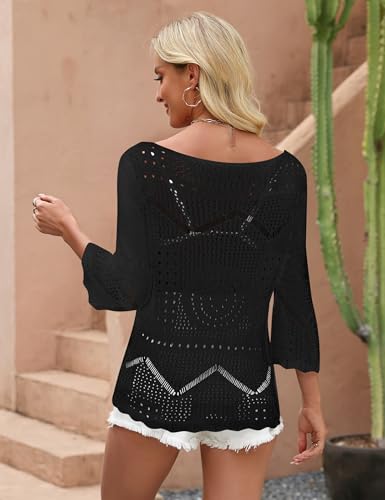 Image of Rapbin Womens Crochet Hollow Out Knit Tops 3 /4 Sleeve Spring Summer Sweaters Beach Cover Ups for Women Trendy 2026