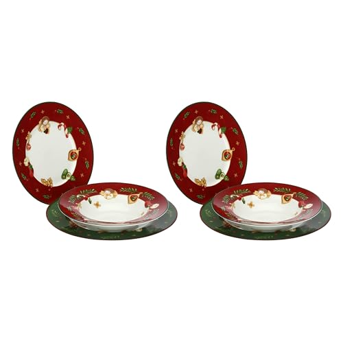THUN, Set 6 Piatti in Porcellana, Collezione Sorprese di Natale, Set per Casa e Cucina, Idea Regalo per Natale, Piatto Piano Ø 23.3 cm, Piatto fondo Ø 28.4cm, Piatto frutta Ø 23.3 cm