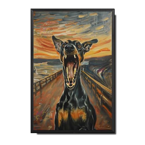 Soulpons Decorative Tin Sign Vintage Wall Art Doberman Pinscher Scream Gift for Doberman Aficionados' Abodes Modern Art Galleries Corrosion Resistant Aluminum 12×16 Inches with Metal Frame