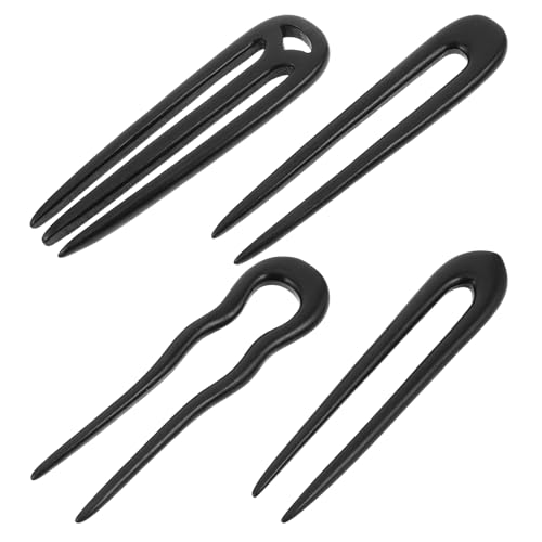 FRCOLOR Horquillas Cabello de Ébano Negro en Forma de U, 4 Piezas, Diseño Antiguo Tallado a Mano, Horquillas Femeninas Vintage para Moños, Accesorios Ligeros y Resistentes para Uso Diario