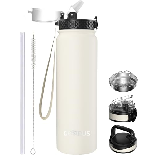 GOPPUS 1L/32oz Stainless Water Bottle with Straw Double Wall Insulated Bottles with Strap Reusable Vacuum Thermal Flask Leakproof Keep Cold Drinks Bottles with Flip Top Lid for Gym Men Women BPA Free