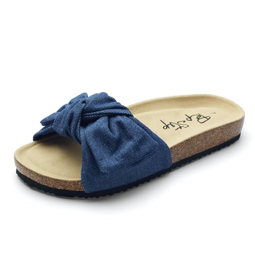 Image of PepStep Slide Sandals for Women or Ladies Dressy Summer Casual, Cute Bow Tie Knot On Top Strap, Comfy Slip On Cork Foot Bed