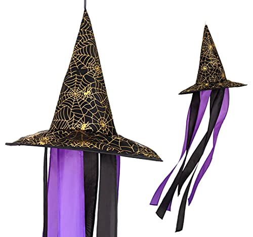 Madrona Brands Halloween Spider Web Witch Hat Windsock | Durable Outdoor Hanging Wind Decoration | Yard Patio Lawn | 48 Inch